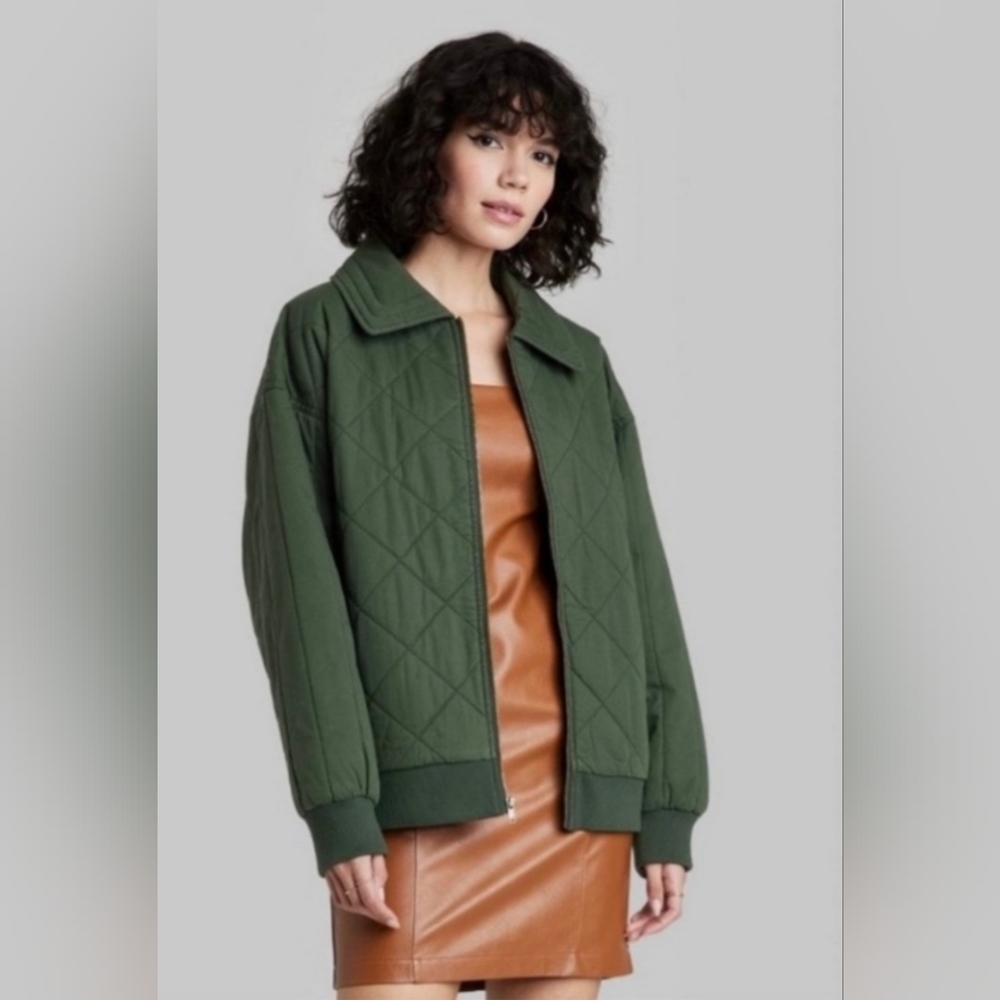 Wild Fable Quilted Bomber Jacket Green Size M
